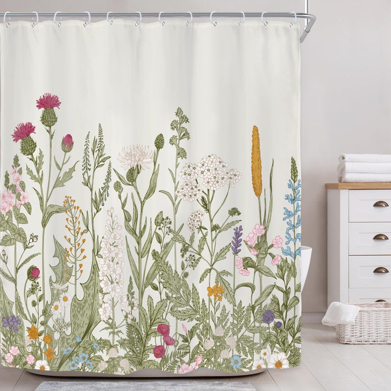 Riyidecor Fabric Green Leaves Shower Curtain for Bathroom Decor 60Wx72H Inch Floral Flower Botanical Wildflower Decorative Bath Set Plant Herbs Bathroom Accessories Polyester Waterproof 12 Pack Hooks - Image 2